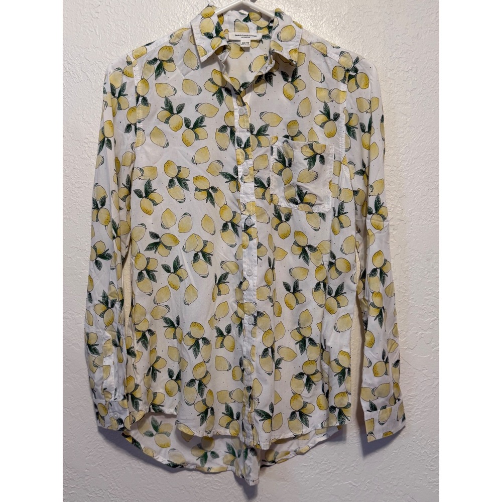 Beachlunchlounge Lemon Print Button Down Shirt XS Yellow Viscose Top Long Sleeve